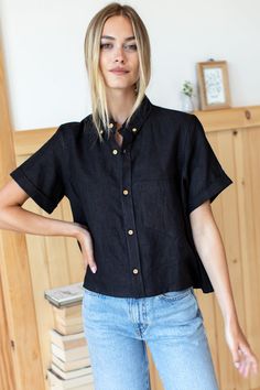 great boxy little wear to work - wear to errands - wear with boxy shorts - packs into nothing for the trips - so soft one can't believe it. Washed Linen Button front shirt Hand wash, line dry Made in Rajasthan, India Bust 45" + Center Back Length 22.5” Top is one size Black Boxy Shirt Outfit, Versatile Everyday Collared Shirt, Versatile Black Button-up Shirt, Everyday Versatile Collared Shirt, Versatile Black Linen Top, Versatile Shirt With Shirttail Hem, Black Relaxed Fit Short Sleeve Cropped Shirt, Black Relaxed Fit Cropped Shirt With Short Sleeves, Everyday Relaxed Fit Short Sleeve Button-up Shirt