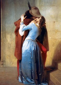 a painting of a man and woman embracing in front of a wall with a clock on it