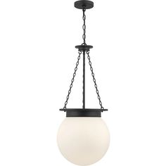 a light hanging from the ceiling with chain around it and a white glass ball on top