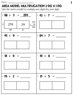 worksheet for the area model multiplication 2x1 dg