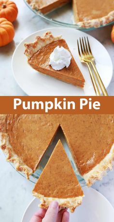 a slice of pumpkin pie on a white plate with a fork in it and the rest of the pie being cut