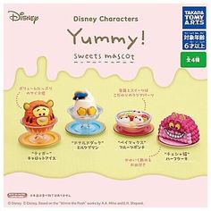 an advertisement for the disney characters yummy sweets missoot set, with various items