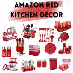 the red kitchen decor is on display in this ad for amazon's kitchen decor