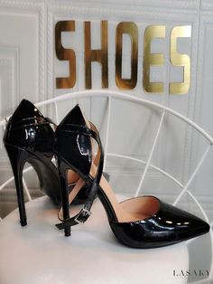 Lasaky - Refined Plus Size Pumps: Black Patent PU Leather Stiletto Heels with Ankle Strap and Pointed Toe Black Pumps Heels, Pumps Heels Stilettos, Patent Shoes, Ankle Strap Pumps, Strap Pumps, Stiletto Pumps, Fall Shoes, Ankle Strap Heels, High Heels Stilettos