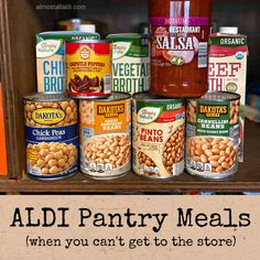 an advertisement for aldi pantry meals on the shelf