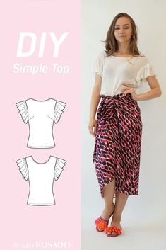 DIY sewing tutorial and pattern. Womens silk top, tank top, ruffle sleeve top, peplum top. Smart casual top. Illustrated sewing tutorial. PDF sewing pattern available. Instant download. Easy sewing tutorial. Beginner sewing pattterns.