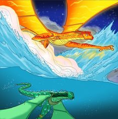 an orange dragon flying over the ocean next to a green sea creature on top of a wave