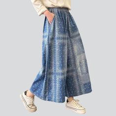 Take a stylish leap back to the Y2K era with our mesmerizing 2023 Summer Collection Ornament Print Culottes Denim Pants! This high-waisted. vibrant masterpiece is the perfect tribute to the millennium's iconic fashion sense. blending today's fashion ethos with a timeless Y2K vibe.Why You'll Fall In Love: Painted Prints: Adorned with intricately painted prints. these culottes are an ode to modern artistry. adding a touch of allure to your look. Rich and Radiant Color: The perfect balance between Blue Cotton Wide-leg Jeans, Summer Blue Flare Jeans With Pockets, Blue Flare Jeans With Pockets For Summer, Fall Cotton Wide-leg Cropped Jeans, Indigo Cotton Pants For Summer, Indigo Bohemian Relaxed Fit Bottoms, Summer Cotton Pants In Indigo, Summer Indigo Cotton Pants, Baggy Indigo Cotton Bottoms