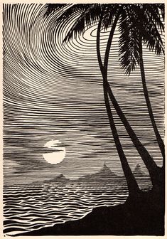 a drawing of palm trees and the ocean