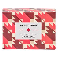 a red and white box with the words games room on it's front side