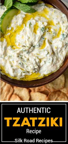 the recipe for authentic tzatzziki is in a bowl and on top of crackers