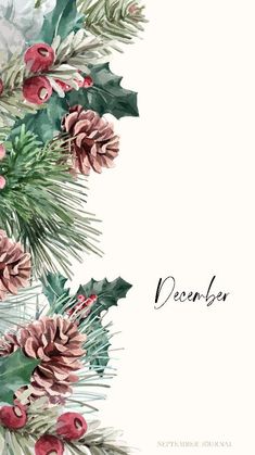 a watercolor christmas card with pine cones and holly