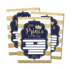 two little prince baby shower cards with gold and navy stripes, one is for the princess