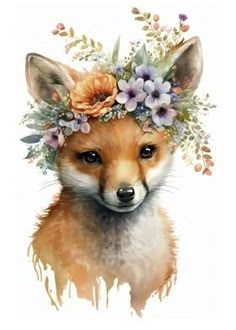 a painting of a fox with flowers on its head