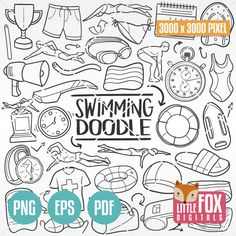 an image of swimming doodles with different things to draw on it and the words,