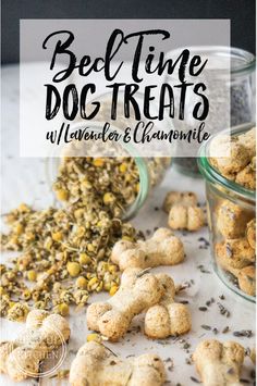 some dog treats are sitting on a table with the words bed time dog treats written above them