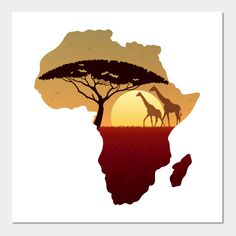 a giraffe standing next to a tree in the shape of africa on a white background