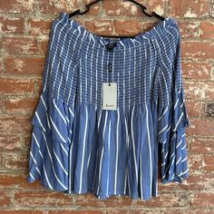 Blue And White Striped Off-The-Shoulder Top With Ruffle Detail From Bardot Women’s Size 8 Bardot Top, Shoulder Top, White Stripe, Off The Shoulder, Blue White, Color Blue, Blue And White, Womens Tops, Women Shopping