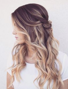 This balayage ombre faded hair color is beautiful. The long layers, curls, and half up-do finishes this look.#OmbreHair# Faded Hair Color, Best Ombre Hair, Faded Hair, Remy Hair Wigs, Ombre Hair Color, Long Wavy Hair, Wedding Hairstyles For Long Hair, Wedding Hair And Makeup