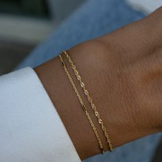 "Thin bracelet set, featuring two dainty bracelets! Very delicate & sweet! Perfect minimalist set!  - - - D E T A I L S - - - * Made of 925 Sterling Silver * THICK plating of 14k Gold, Rose Gold or Rhodium  * Available in 5.5\", 6.25\", 6.75\",  7\" or 7.5\" + .5\" Extension Chain  * Includes 2 Bracelets ( a twisted chain and a delicate bar style chain) * Nickel-free & Hypoallergenic Happy to answer any questions you have! 🥰 Let's Connect! 🥰 IG: samijewels_" Dainty Bracelets With Delicate Chain For Friendship, Dainty Delicate Chain Bracelet For Friendship, Delicate Stackable Chain Bracelet, Chic Bracelet, Gold Armband, Dainty Bracelet, Classy Jewelry, Jewelry Lookbook, Minimalist Bracelet