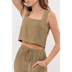 Introducing our must-have Olive You Crop Top, featuring a trendy square neckline and flattering sleeveless design. Elevate any outfit with this versatile and stylish piece that will make you stand out from the crowd. Perfect for day or night, this top is a must-have in every fashion-forward wardrobe! Material: 64% Rayon, 36% Polyester Spring Tank Top With Square Neck, Summer Tank Top With Square Neck For Spring, Summer Cotton Tank Top With Square Neck, Chic Cotton Crop Top With Square Neck, Square Neck Cotton Tank Top For Summer, Chic Square Neck Cotton Crop Top, Solid Color Sleeveless Crop Top For Day Out, Sleeveless Crop Top For Day Out, Square Neck Crop Top For Spring Vacation