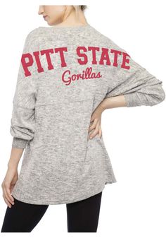 Display your Pitt State Gorillas spirit in this Pitt State Grey T-Shirt! This Pitt State Cozy Long Sleeve T-Shirt makes a great layer for cooler nights cheering on the Gorillas. Featuring a screen print, this Pitt State Gorillas Long Sleeve LS Tee is a must-have for any fan. Always a Gorilla! Super Soft Feel, Oversized Body, Drop shoulders, Chest Seam, Ribbed Cuffs, Screen Print Graphics, 67% POLY/30% RAY/3% SPAN Oversized Tops For College In Fall, Oversized Fall Tops For College, Grey T Shirt, Gray Tshirt, Team Spirit, Screen Print, Long Sleeve T Shirt, Long Sleeve Tshirt, Spandex