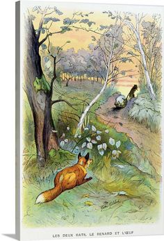 an illustration of a fox laying on the ground next to a tree and another animal