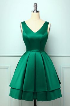 Green V-neck Bridesmaid Evening Dress, Green Evening Dress With Fitted Bodice And Sweetheart Neckline, Elegant Green A-line Satin Dress, Green A-line Evening Dress With Fitted Bodice, Green Sweetheart Neckline Evening Dress, Green A-line Mini Dress For Prom Season, Green A-line Mini Dress For Prom, Green V-neck Satin Evening Dress, Green Satin A-line Dress