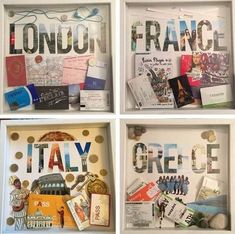 four boxes with different types of travel related items in them and the words london, france, italy, grecie