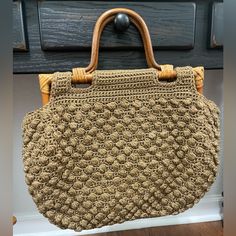 Beautiful Color Macrame Handbag With Nice Shape Wood Handle Never Worn Macrame Handbag, Color Macrame, Vintage Macrame, Lime Green Shorts, Bear Quilts, Uniqlo Bags, Michael Kors Mercer, Quilted Tote Bags, Bags Vintage