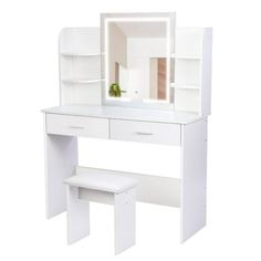 a white dressing table with a mirror and stool next to it on a white background