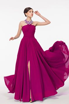 The magenta bridesmaid dress is made of chiffon velvet fabric, featuring halter neckline with hand beadings, pleated bodice continued with A line skirt, a sexy slit is in the middle. Dark Magenta Dress Formal, Magenta Combination Color, Fiusha Dress, Magenta Wedding Dress, Magenta Dress Outfit Wedding, Magenta Dress Formal, Vestidos Color Fucsia, Magenta Bridesmaid, Magenta Dresses