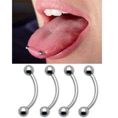 four different types of tongue piercings on a woman's tongue and the top one is