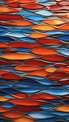 an abstract painting with wavy lines in red, orange and blue