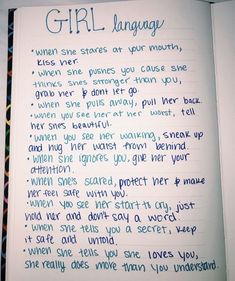 an open notebook with writing on it and the words girl language written in blue ink