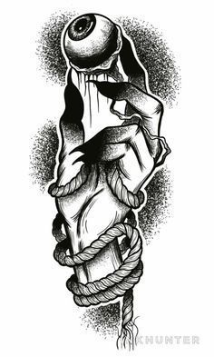 a black and white drawing of a hand holding a rope with an eye on it