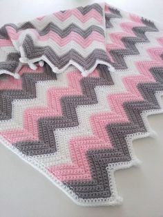 crochet baby blanket, baby girl blanket, pink and gray chevron afghan