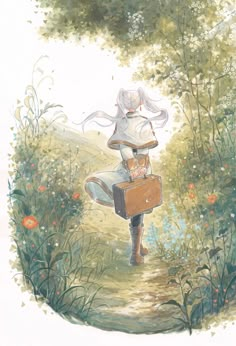 a drawing of a woman carrying a suitcase down a path in the woods with flowers