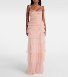 Tiered Tulle Gown For Formal Occasions, Formal Tiered Tulle Gown, Elegant Embellished Tiered Skirt Dress, Tiered Pleated Maxi Dress For Party, Pleated Tiered Maxi Dress For Party, Elegant Pink Tiered Gown, Elegant Tiered Embellished Dress, Layered Tiered Evening Maxi Dress, Elegant Layered Maxi Dress For Evening