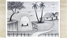 a black and white drawing of a person in a boat on the water with palm trees