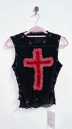 Grunge Cross Tank Top – Juneptune Gothic Tops For Summer Festivals, Edgy Red Tops For Club, Red Gothic Sleeveless Top, Red Sleeveless Gothic Top, Fitted Punk Style Tops For Festival, Fitted Punk Tops For Music Festival, Punk Style Fitted Top For Music Festival, Red Punk Party Tops, Gothic Sleeveless Tops For Festivals