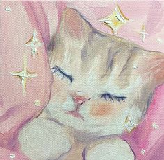 a painting of a cat sleeping with its eyes closed and stars on it's head