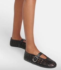 Vienne Leather Ballet Flats in Black - Alaia | Mytheresa Designer Ballet Flats For Spring, Designer Spring Ballet Flats With Leather Sole, Designer Flats With Buckle Closure, Alaia Ballet Flats Outfit, Leather Flats With Perforations, Alaia Flats Outfit, Alaia Shoes Outfit, Alaia Ballet Flats, Luxury Woven Leather Ballet Flats