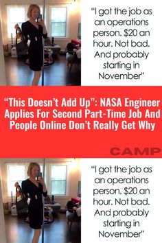 a woman in black dress standing next to a red and white sign that says,'this doesn't add up nasa engineer apples for second part time job and people don't really get why they