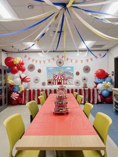 a circus themed birthday party with balloons and streamers on the ceiling, tables set up for an event