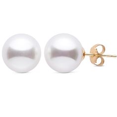 These incredible earrings have a regal, sophisticated charm. The large, AAA-quality South Sea pearls are flawlessly round, with deep luster and smooth surface. These exquisite pearls range in size from 10.0-11.0 mm, and each pair is carefully matched for size, color, and overtone. The pearls are mounted on solid 14-karat posts, available in both yellow and white gold. Refined Round Pearl Earrings As Gift, Refined Round Pearl Earrings For Gift, Formal Round Bead Pearl Earrings With Matching Set, Refined White Pearl Earrings As A Gift, Refined White Pearl Earrings For Gift, Formal Pearl Drop Earrings, Elegant Pearl White Earrings With High Luster, Classic Akoya Pearl Earrings For Formal Occasions, Formal Akoya Pearl Earrings With High Luster