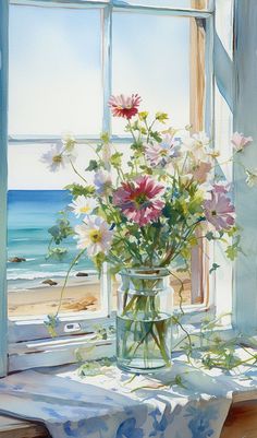 a vase filled with flowers sitting on top of a window sill next to an open window