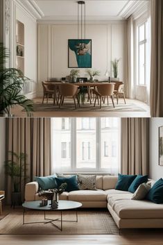 two pictures of a living room and dining room