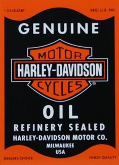 an orange and black harley davidson oil sign