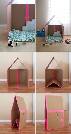 several pictures of the inside of a cardboard doll house with pink tape on it's sides